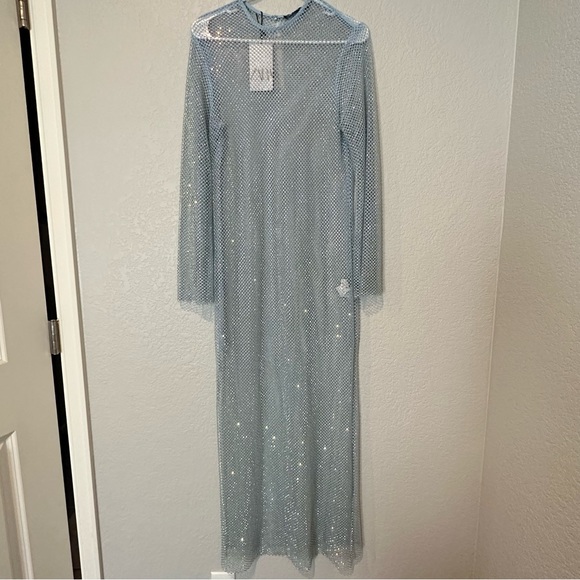New $169 Zara Rhinestone Mesh Blue Dress Extra Small - Small XS-S 2855/204 - Picture 9 of 11